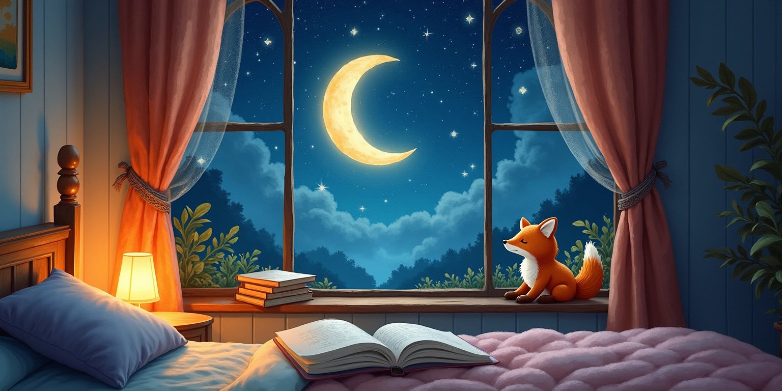 A cozy bedroom at night with a starry window